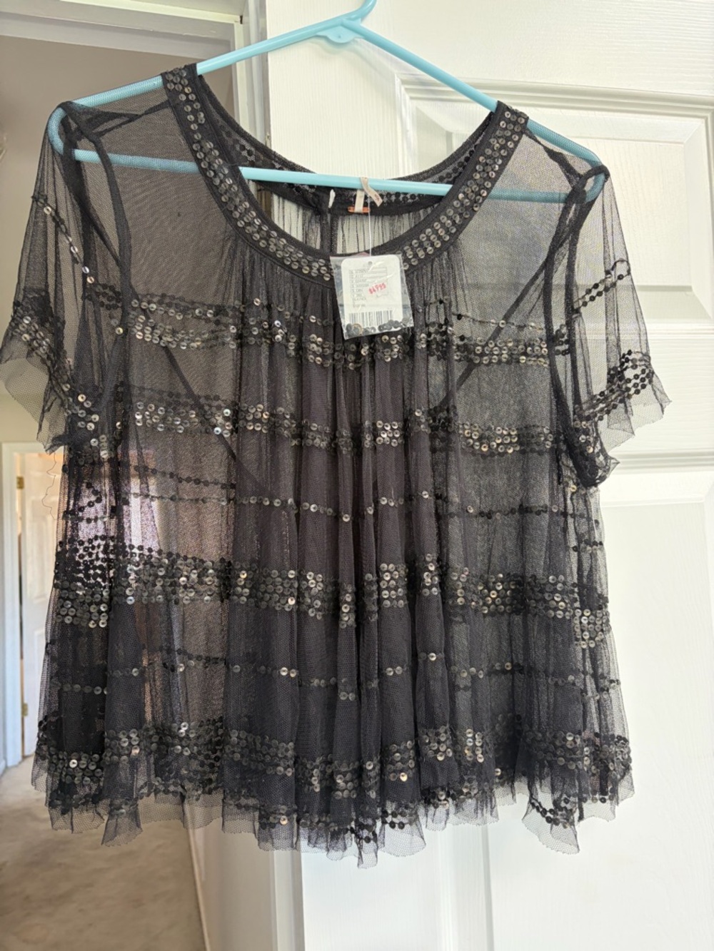 Free People Black Sheer Sequin-Striped Short Sleeve Top